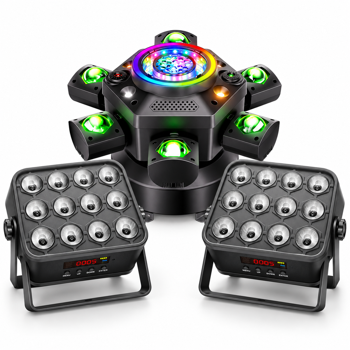 Wireless Pro Stage Setup with one real KeoBin E11 Moving Head and two real Rechargeable PAR Lights