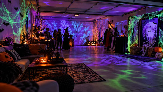 Halloween party lighting setup with purple, green and orange effects in a decorated home garage