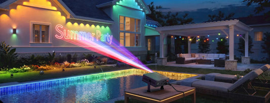 Layered KeoBin stage and DJ lighting arranged poolside at dusk
