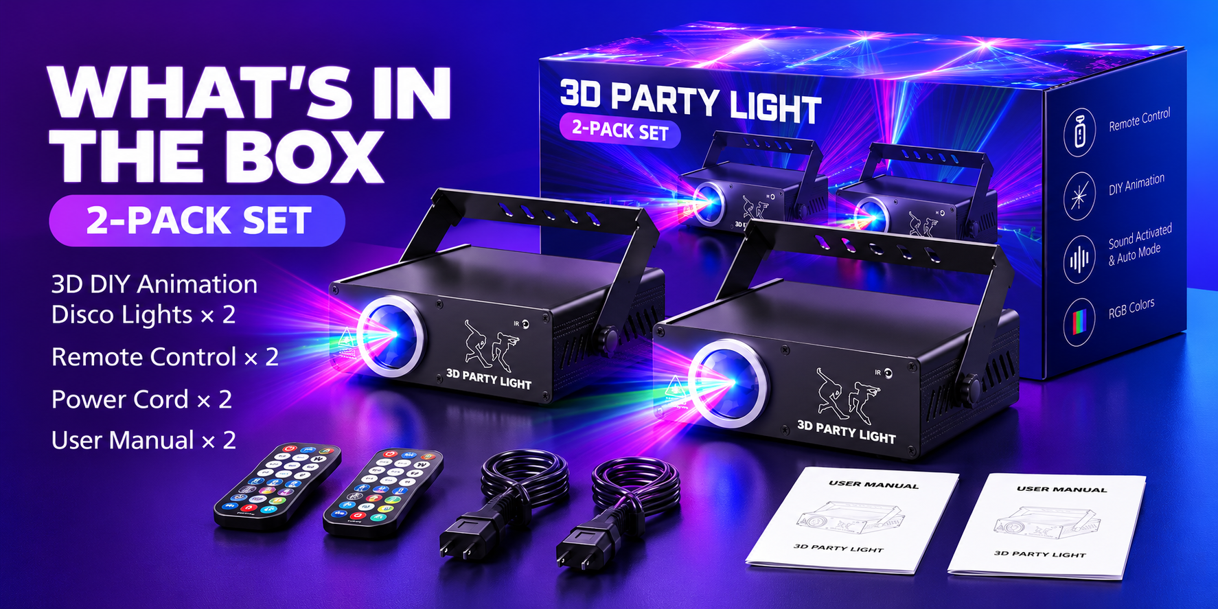 KeoBin L2400-002 party light package contents with remote and power cable