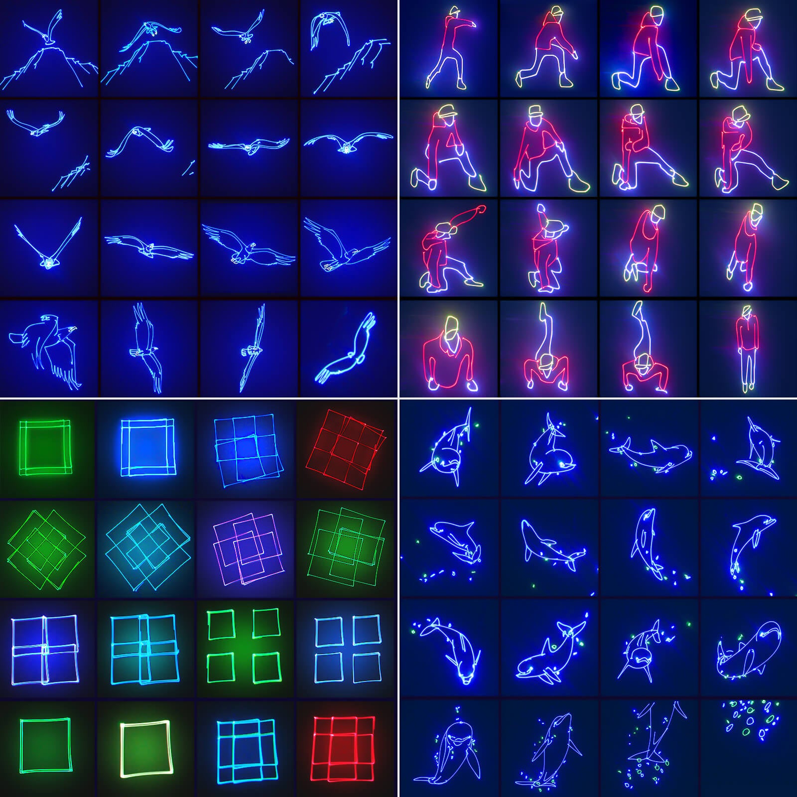 Keobin L2600 RGB laser party light showing 3D beam patterns and colorful animated effects