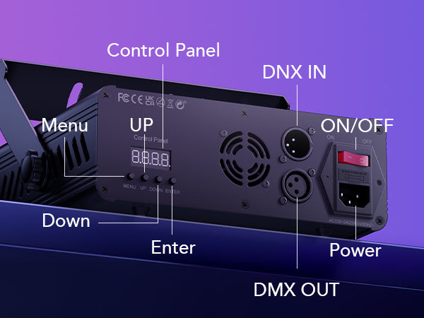 DMX EIN/AUS – 3-polige Anschlüsse, zur Verkettung mehrerer Geräte bei professionellen Installationen.