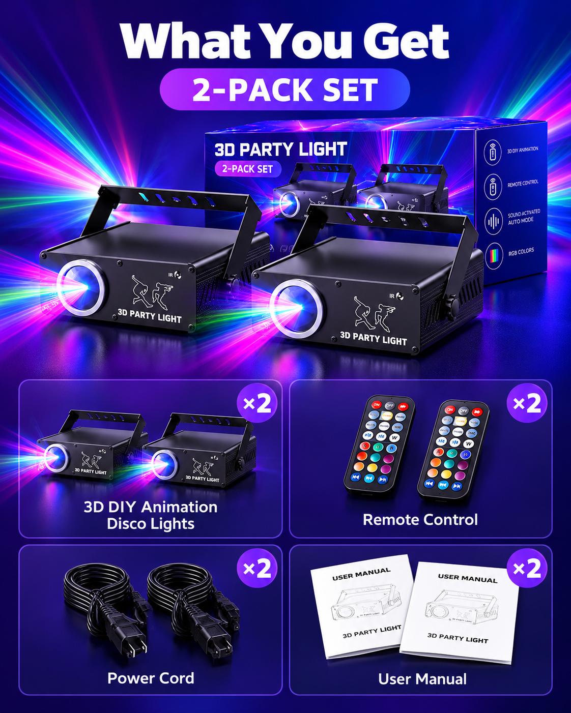 KeoBin L2400-002 party light package contents with remote and power cable