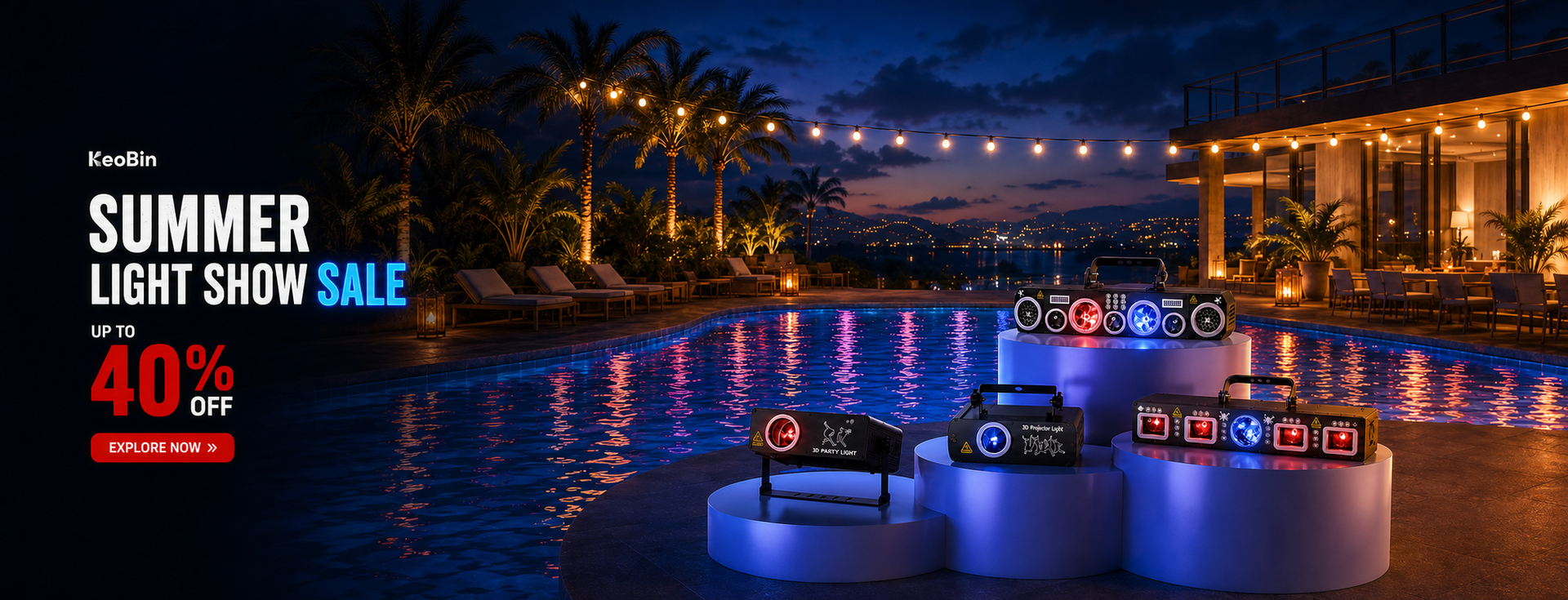 KeoBin party and DJ light collection displayed poolside at night
