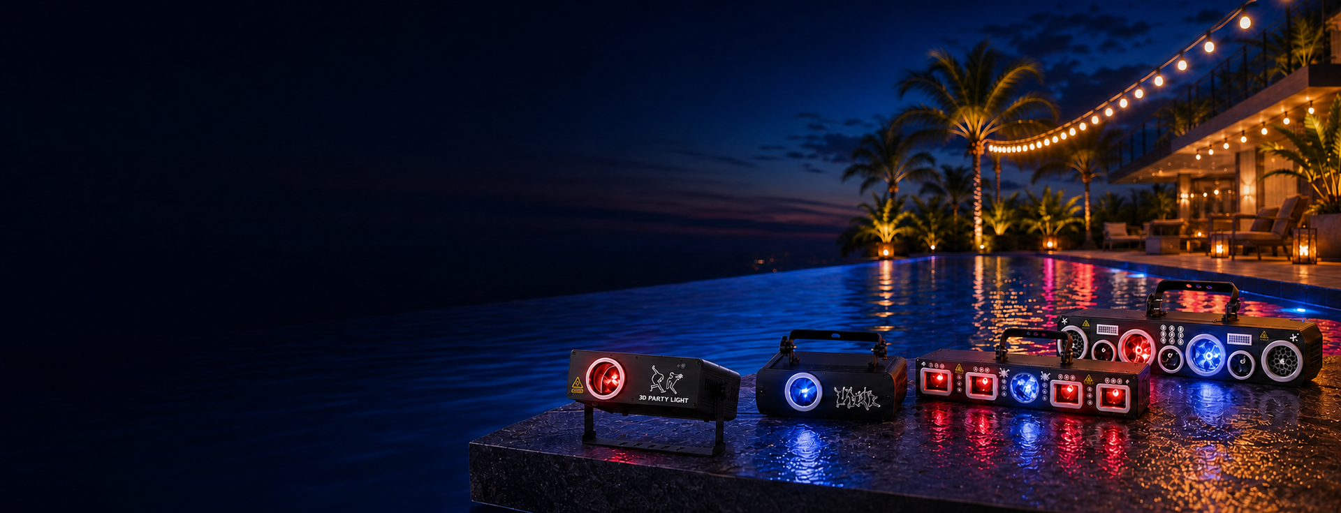 LED PAR stage light illuminating a DJ booth in red and blue