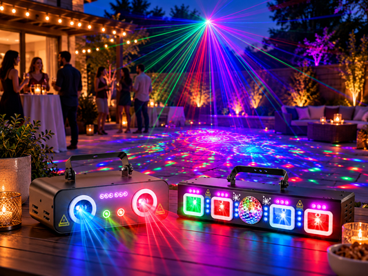 Backyard Party Kit with KeoBin L2800 and L2500 lighting a patio party