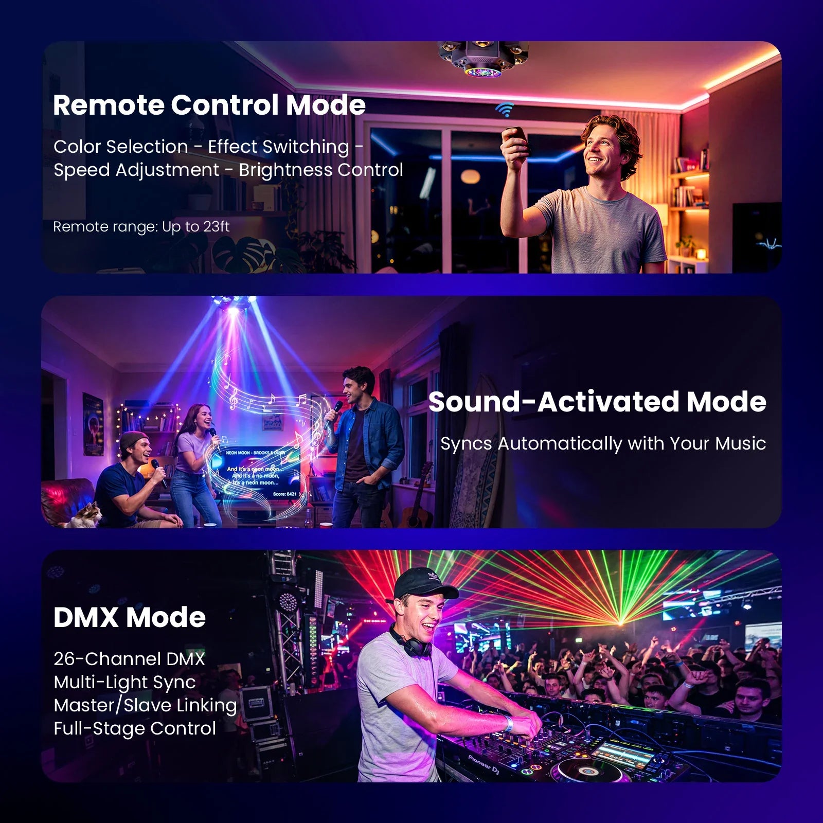 Remote, sound activated and DMX controls for the KeoBin E11 moving head
