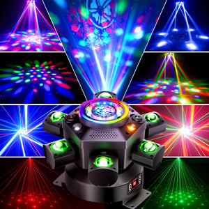 KeoBin E11 150W 7-in-1 Moving Head DJ Light with 6-Arm Beam, Laser, DMX & Sound Activation