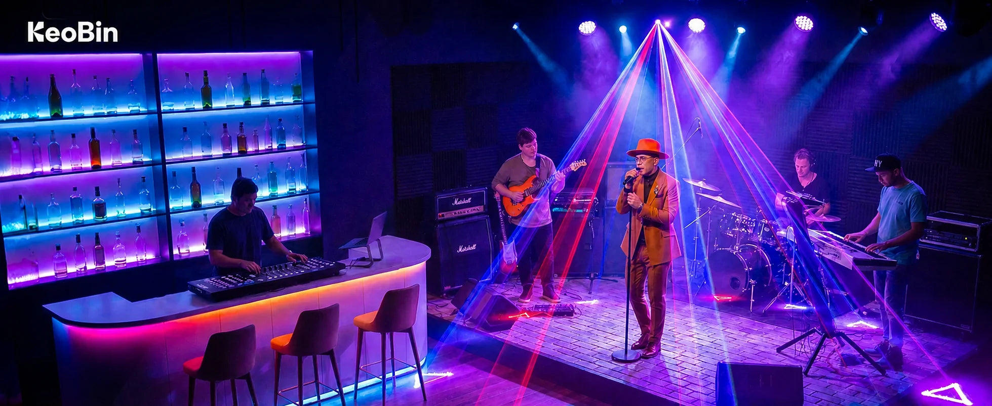 KeoBin L2600 RGB laser party light creating vivid beams for a live band and DJ stage
