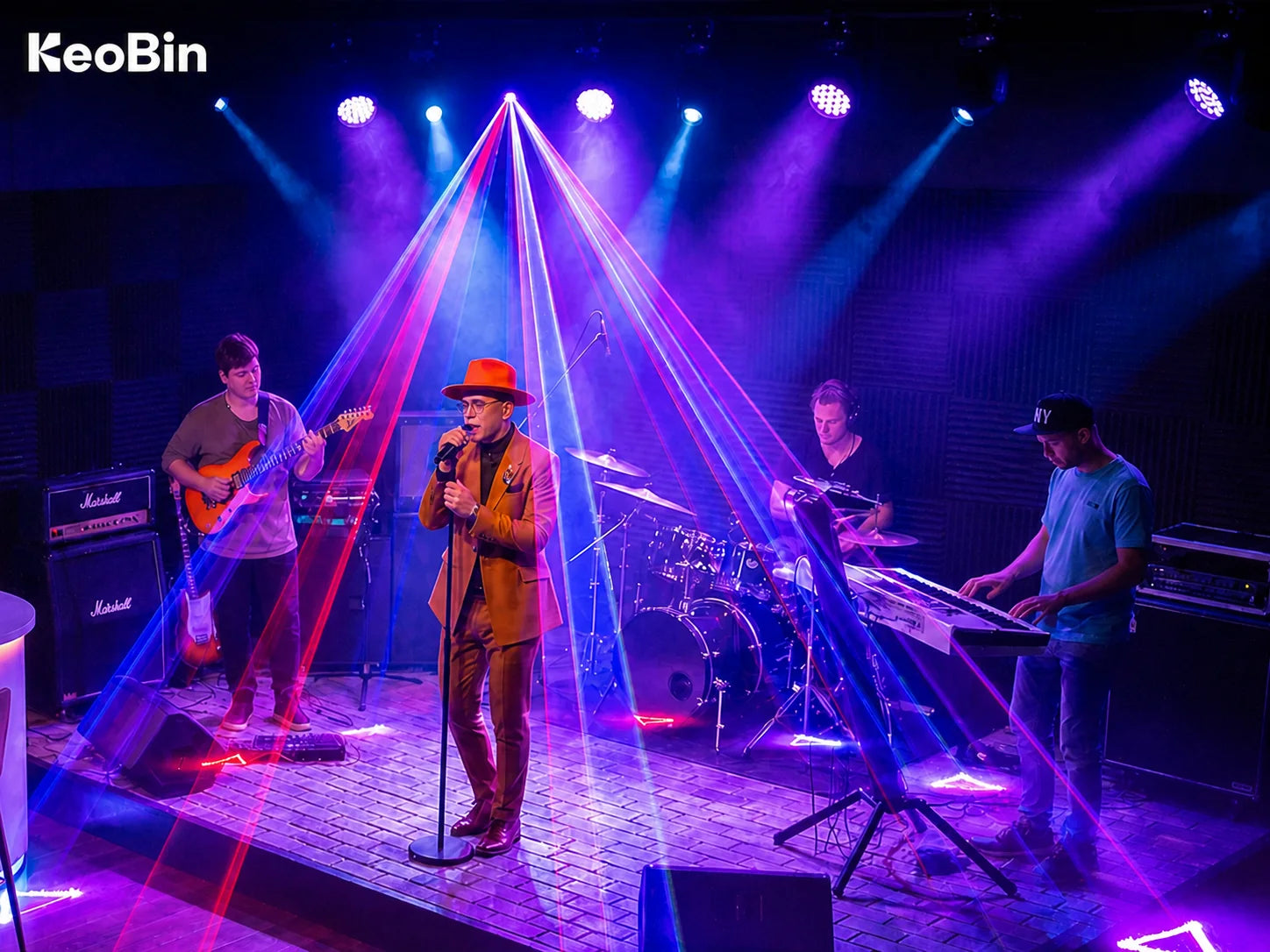KeoBin L2600 RGB laser party light creating vivid beams for a live band and DJ stage