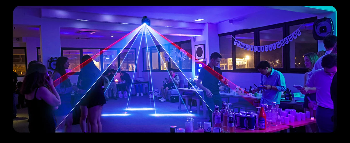 KeoBin L2600 RGB laser beams creating an immersive house party atmosphere