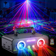 KeoBin L2800 5-in-1 DJ-Partylichter | RGB+UV Stroboskop mit zwei Linsen & 3D-Musterprojektor, Sound-aktivierter DMX für Halloween-Events