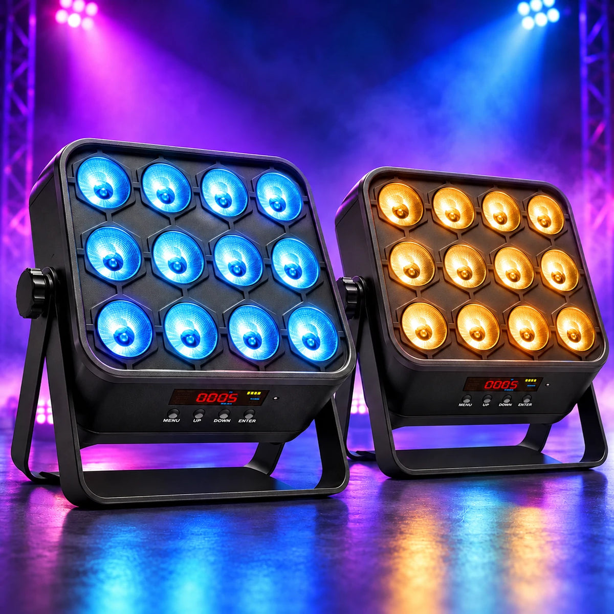 Two KeoBin rechargeable RGBWA+UV PAR lights for wireless event uplighting