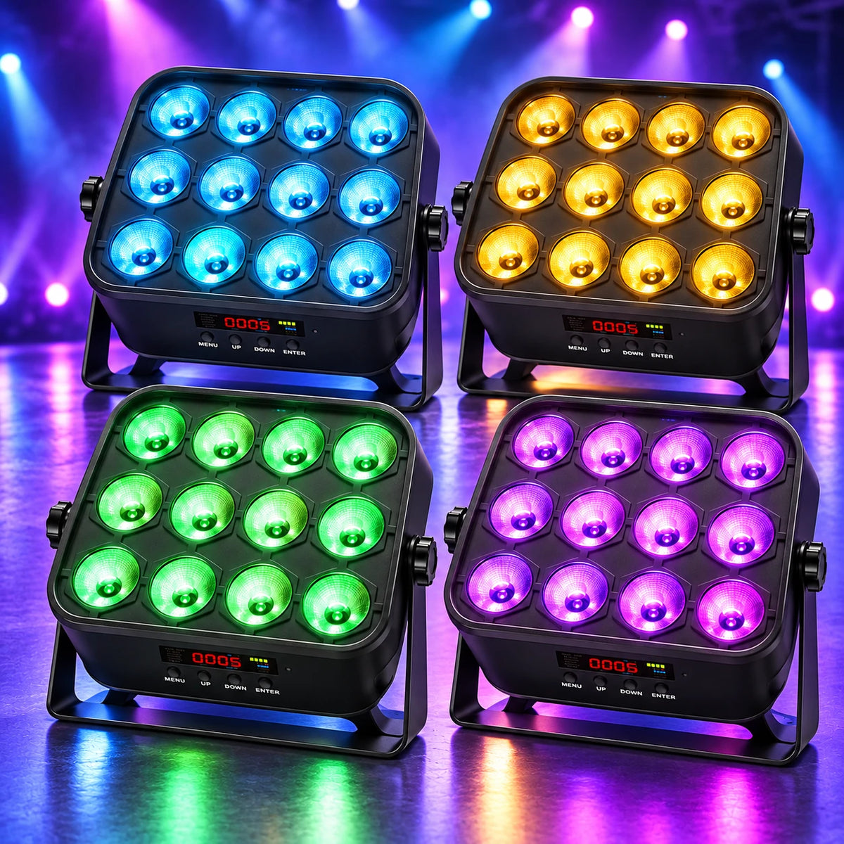 Four KeoBin rechargeable RGBWA+UV PAR lights for full-room event uplighting