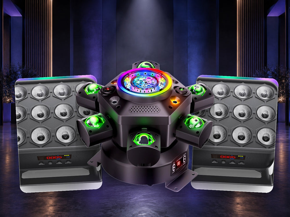 Wireless Pro Stage Setup with one real KeoBin Moving Head and two real 12x16W Rechargeable PAR Lights