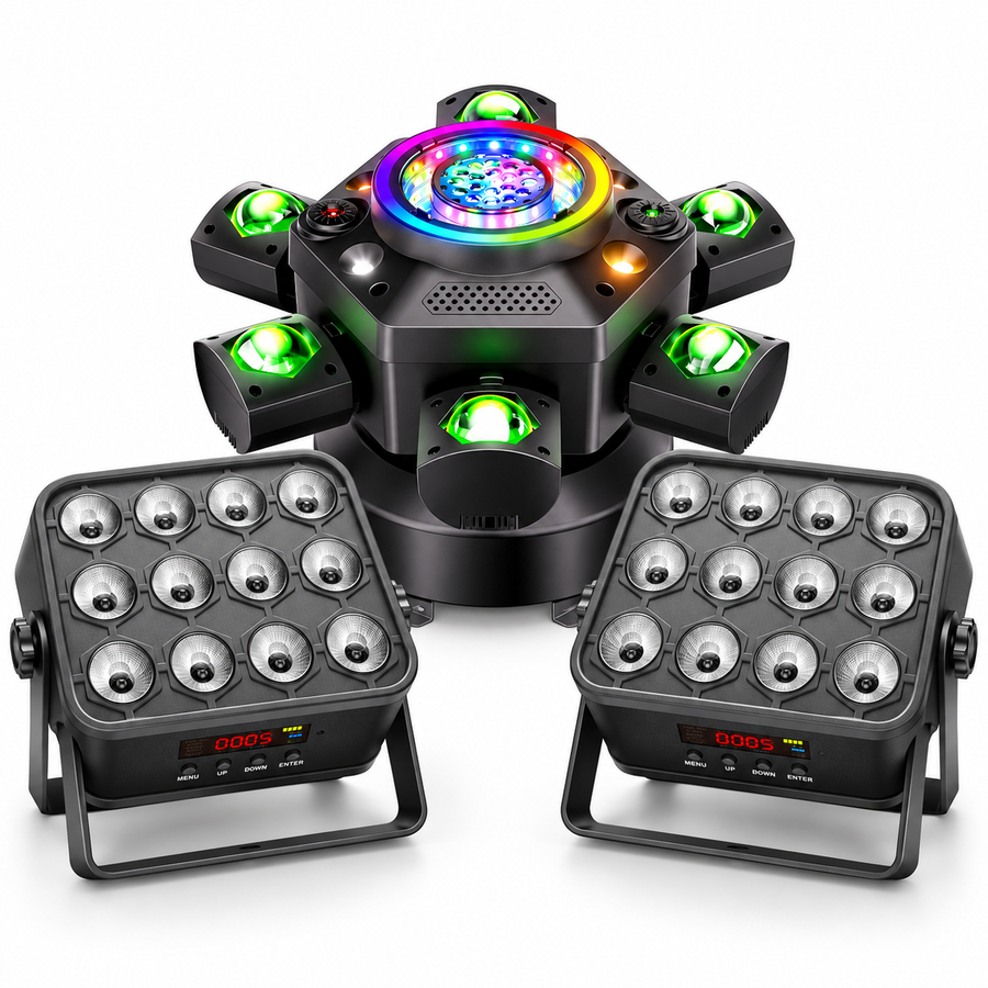 Wireless Pro Stage Setup with one real KeoBin E11 Moving Head and two real Rechargeable PAR Lights
