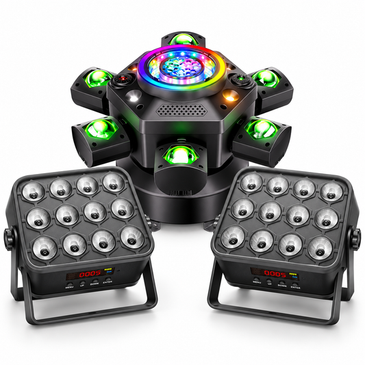 Wireless Pro Stage Setup with one real KeoBin E11 Moving Head and two real Rechargeable PAR Lights