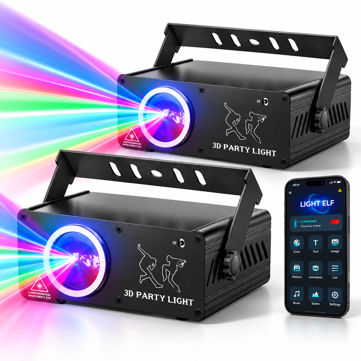 Two KeoBin L2400-002 app-controlled party lights with colorful 3D projection beams