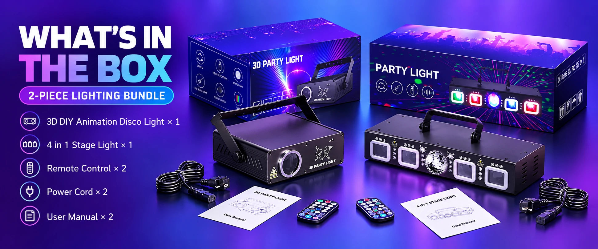 KeoBin two-piece party light bundle with L2400-002, L2500A, remotes, power cords and manuals
